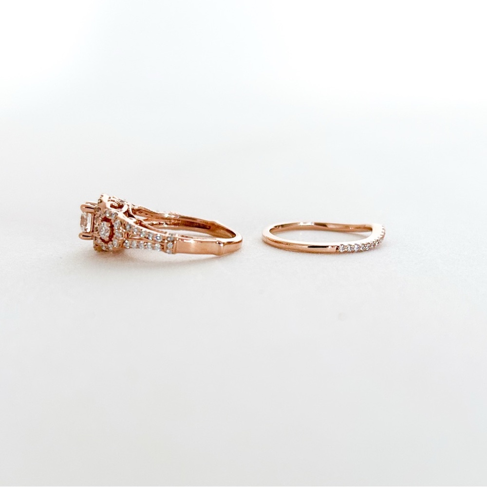 Rose Gold 14K Three Stone Diamond Halo Pave Engagement Ring Wedding Band Set - Picture 8 of 13